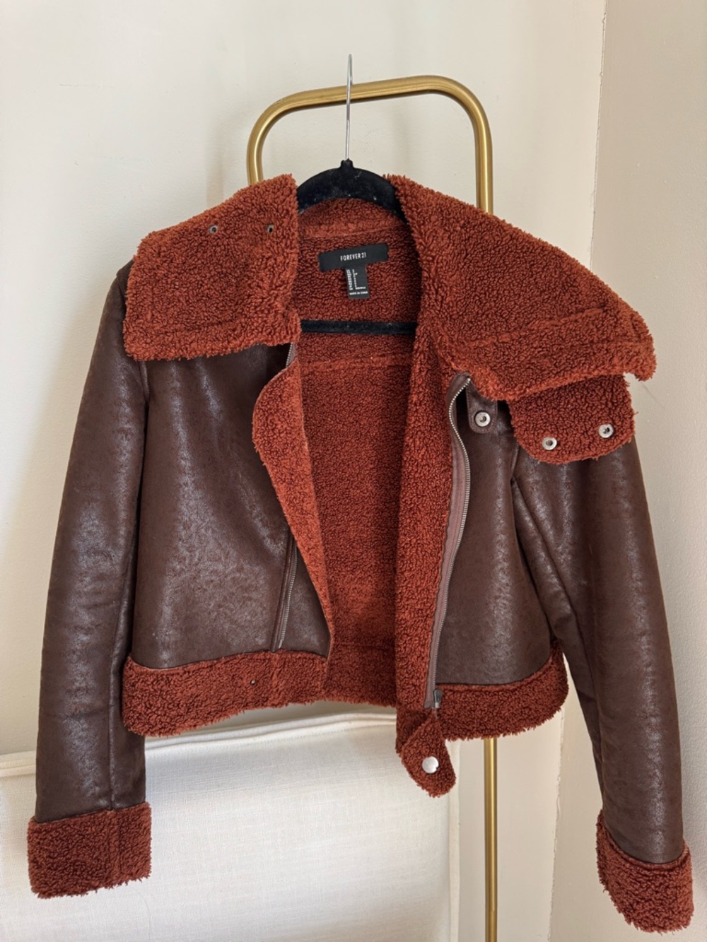 Forever 21 Women's Rust Brown Faux Leather Sherpa Bomber Jacket